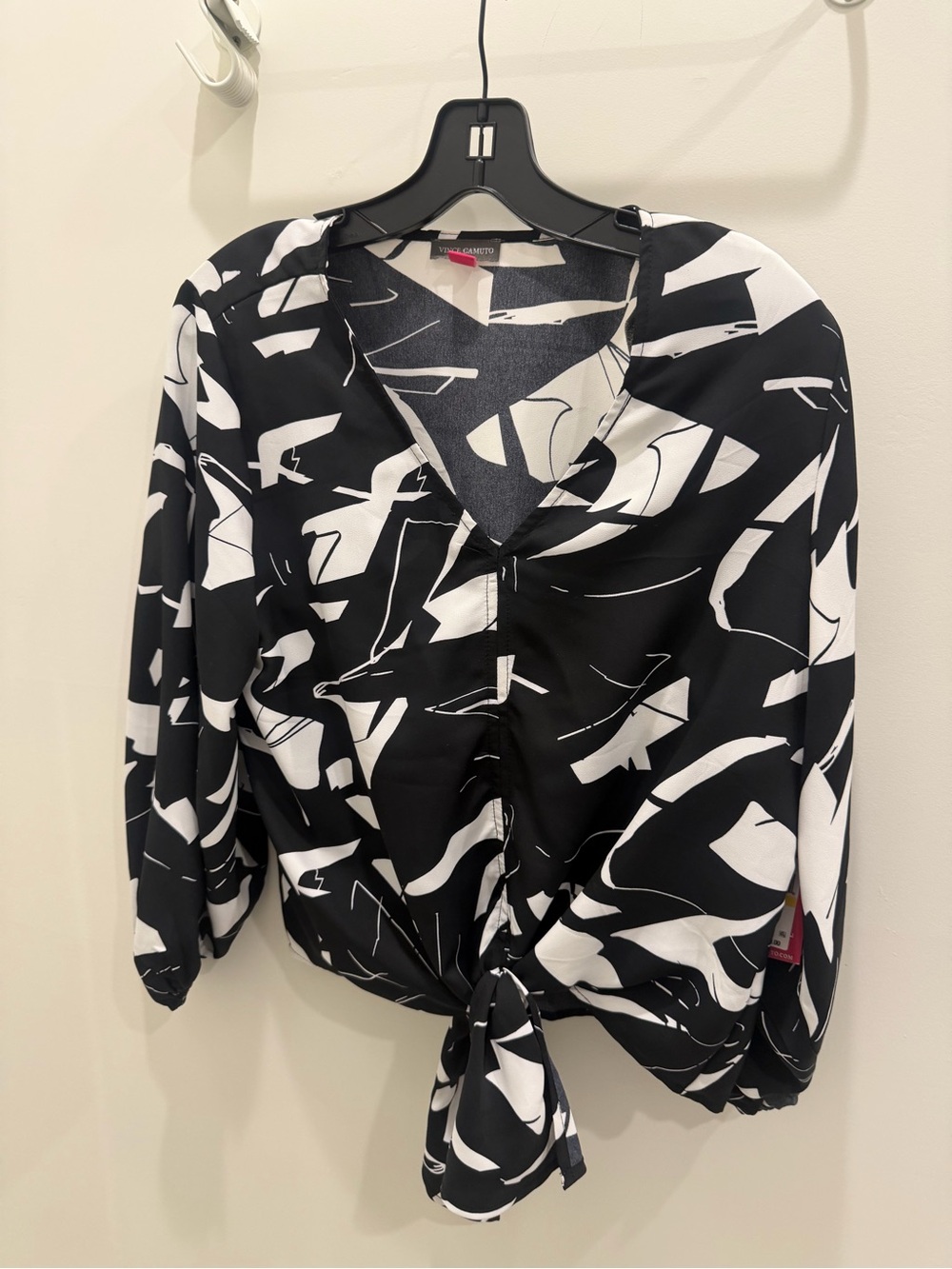 Vince Camuto Black and White Abstract Tie-Front Blouse